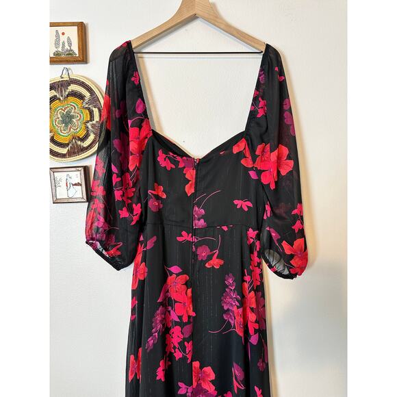 Rebecca B. Women’s Sz 12 3/4 Sheer Sleeve Floral Maxi Dress Black Red Formal - Picture 5 of 10